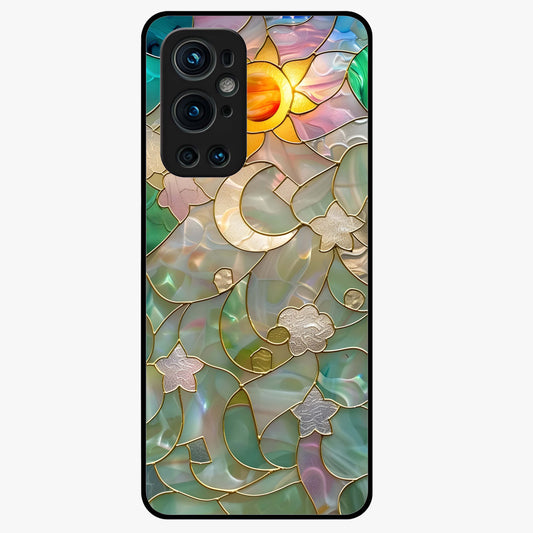 Stained Sunrise Glow Glass Case showing flat back view with glowing sunrise stained pattern artwork and glossy glass finish.