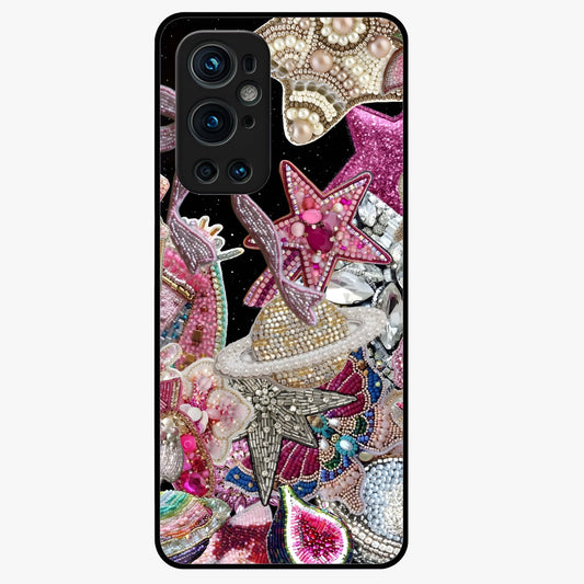 Starlit Jewel Dream Glass Case showing flat back view with sparkling jewel and star themed artwork and glossy glass finish.