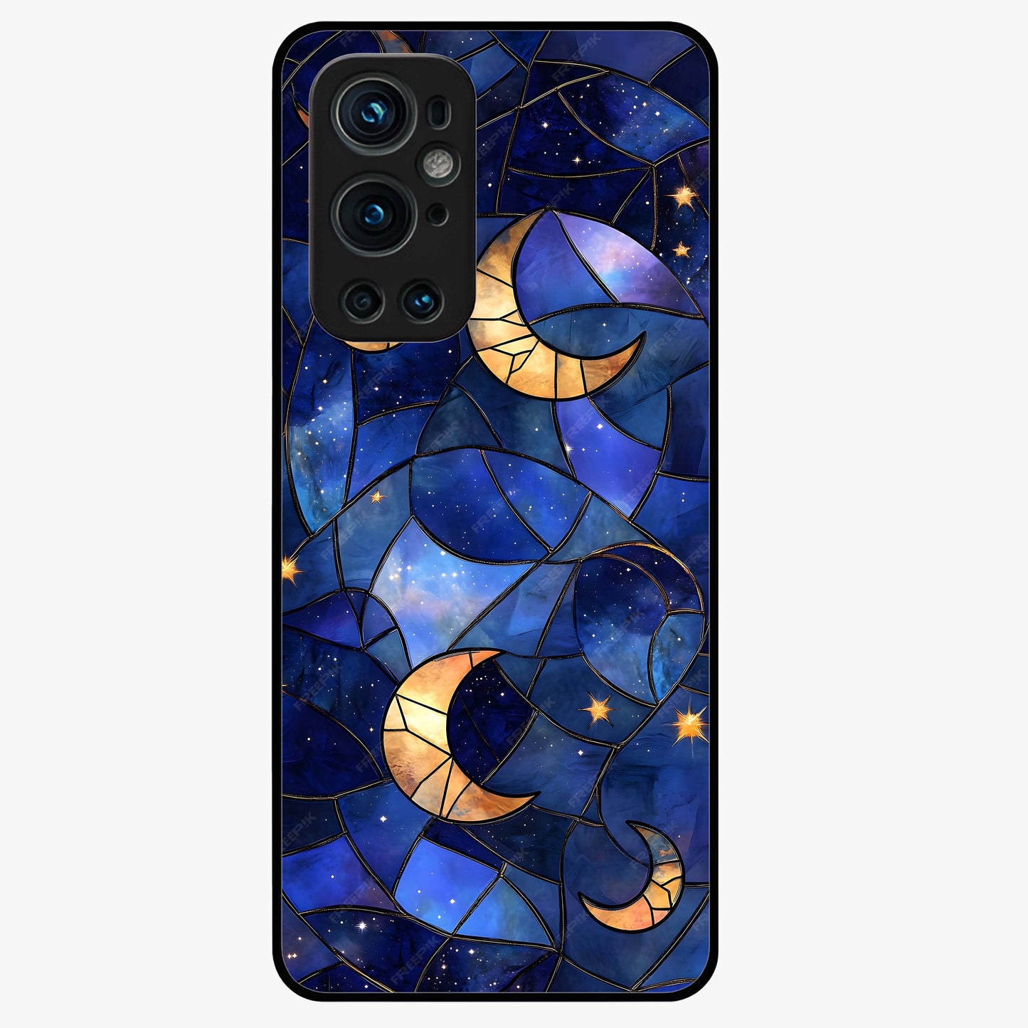 Starlit Sky Tapestry Glass Case showing flat back view with decorative starry sky tapestry artwork and glossy glass finish.