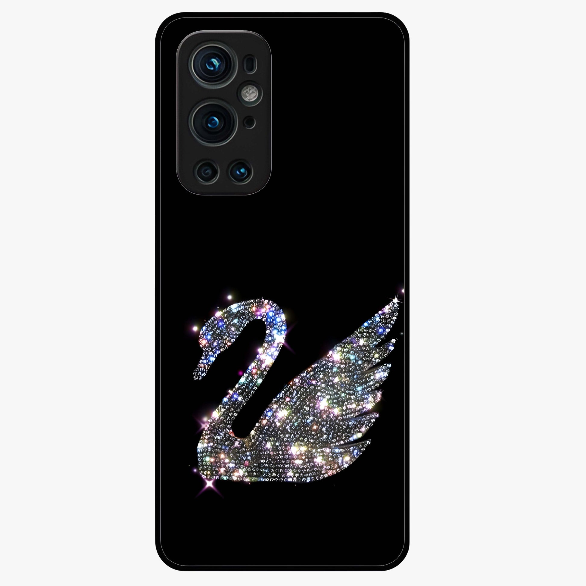 Starlit Swan Grace Glass Case showing flat back view with graceful swan artwork under starry sky and glossy glass finish.