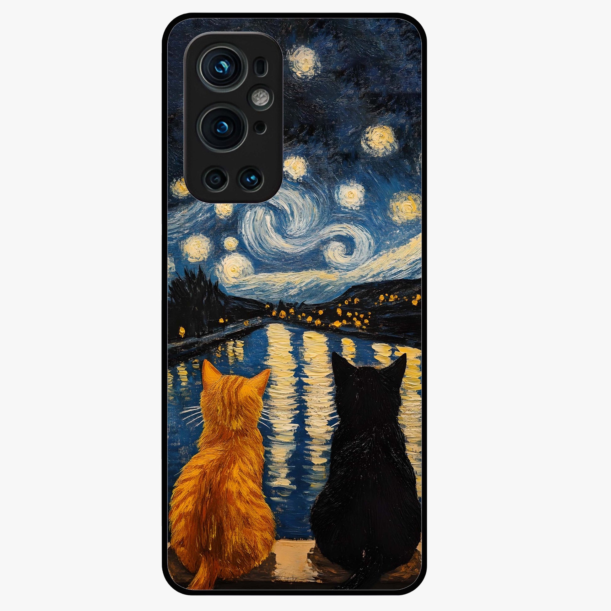Starry River Cats Glass Case showing flat back view with cats by a starry river artwork and glossy glass finish.