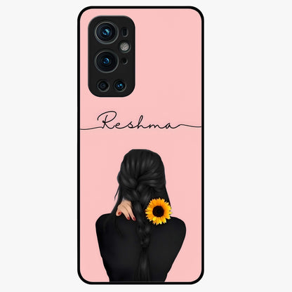 Sunflower Braid Beauty With Custom Name Glass Case showing flat back view with sunflower braid artwork and personalized name design.