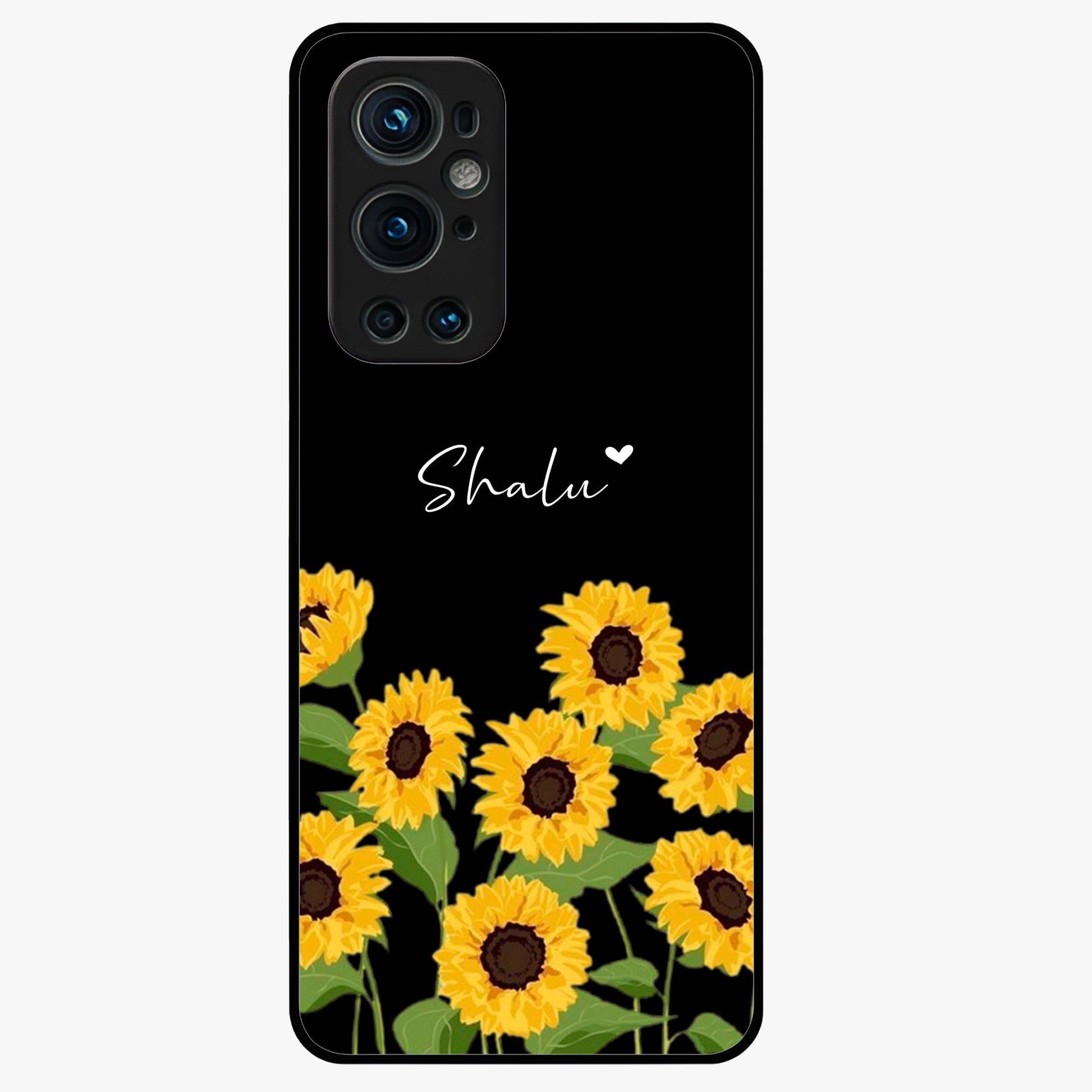 Sunflower Chic Mood Custom Name Glass Case showing flat back view with stylish sunflower artwork and personalized name design.