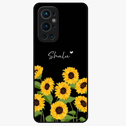 Sunflower Chic Mood Custom Name Glass Case showing flat back view with stylish sunflower artwork and personalized name design.
