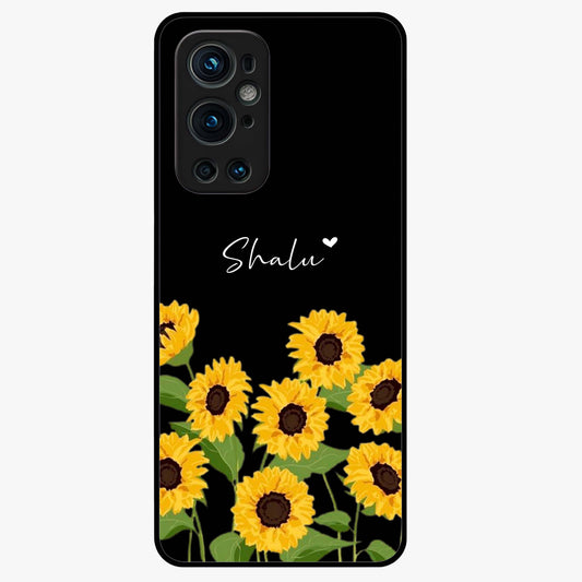 Sunflower Chic Mood Custom Name Glass Case showing flat back view with stylish sunflower artwork and personalized name design.