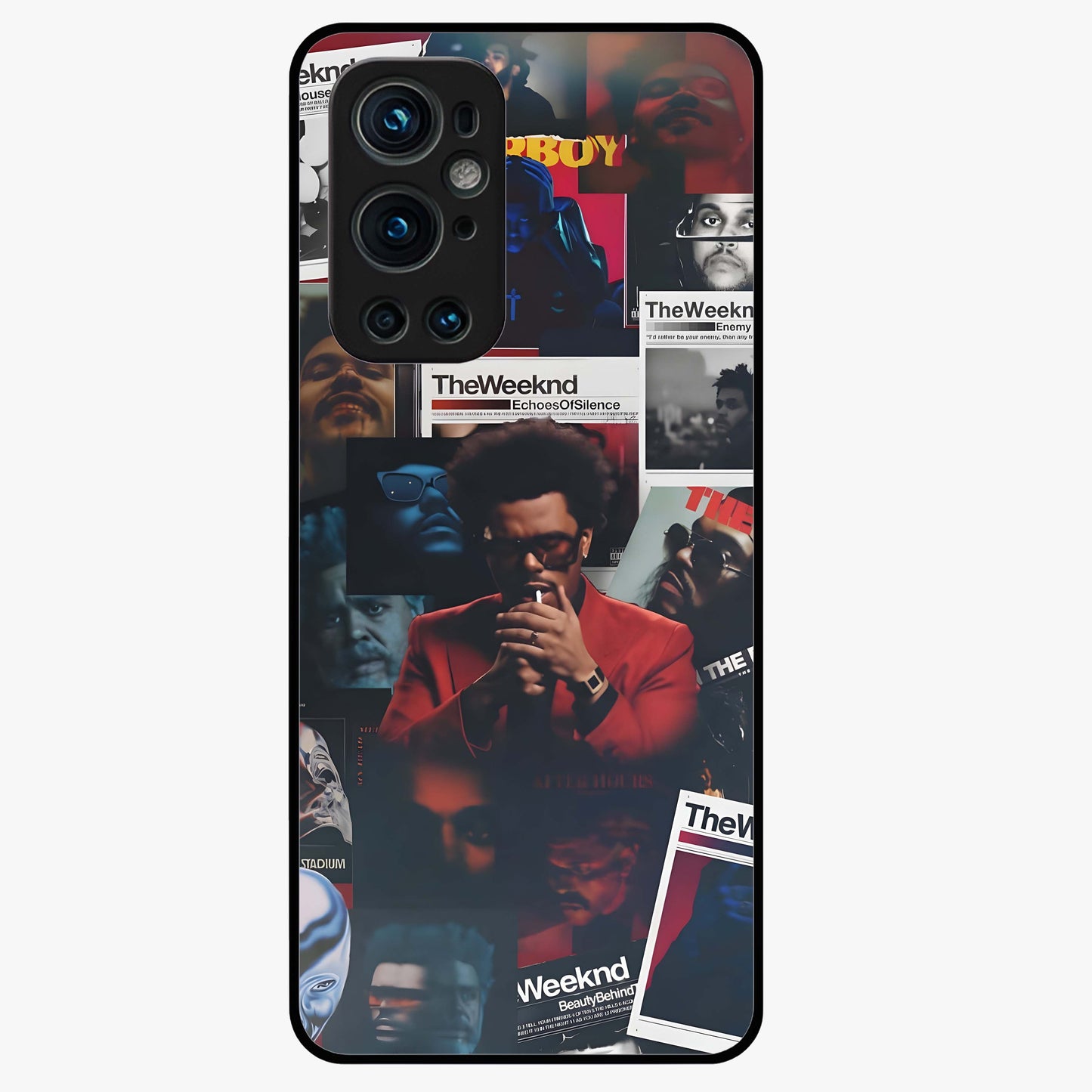 The Weeknd Glass Case showing flat back view with music inspired artistic portrait artwork and glossy glass finish.