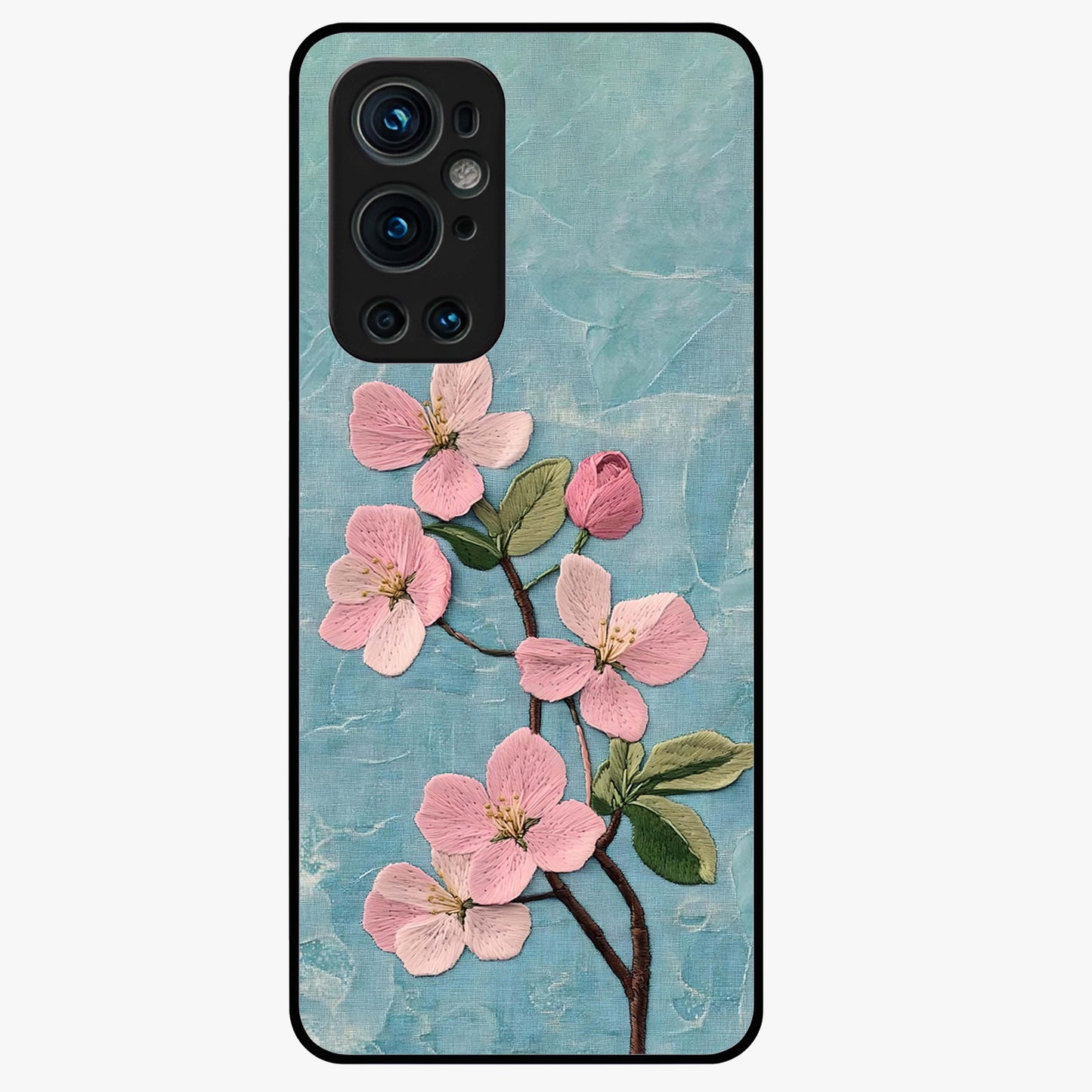 Threaded Blossom Breeze Glass Case showing flat back view with delicate blossom artwork and glossy glass finish.