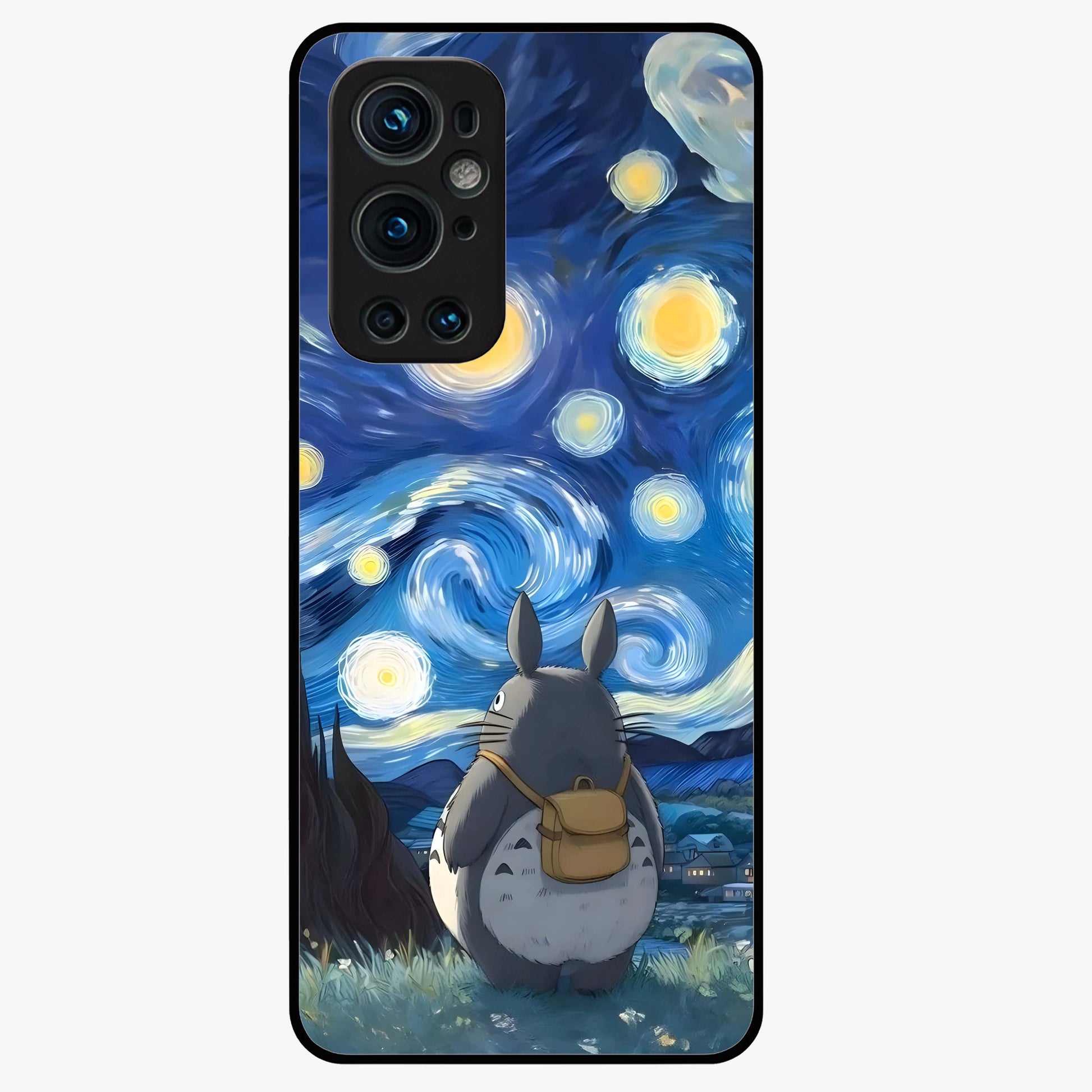 Totoro In Van Gogh Art Glass Case showing flat back view with whimsical character artwork inspired by Van Gogh style and glossy glass finish.