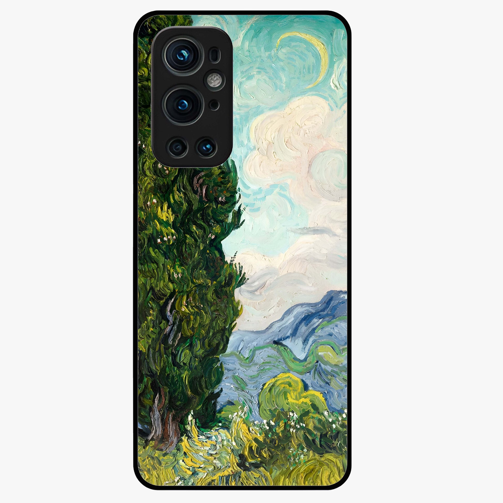 Van Gogh Vintage Art Glass Case showing flat back view with vintage painterly artwork inspired by Van Gogh style and glossy glass finish.