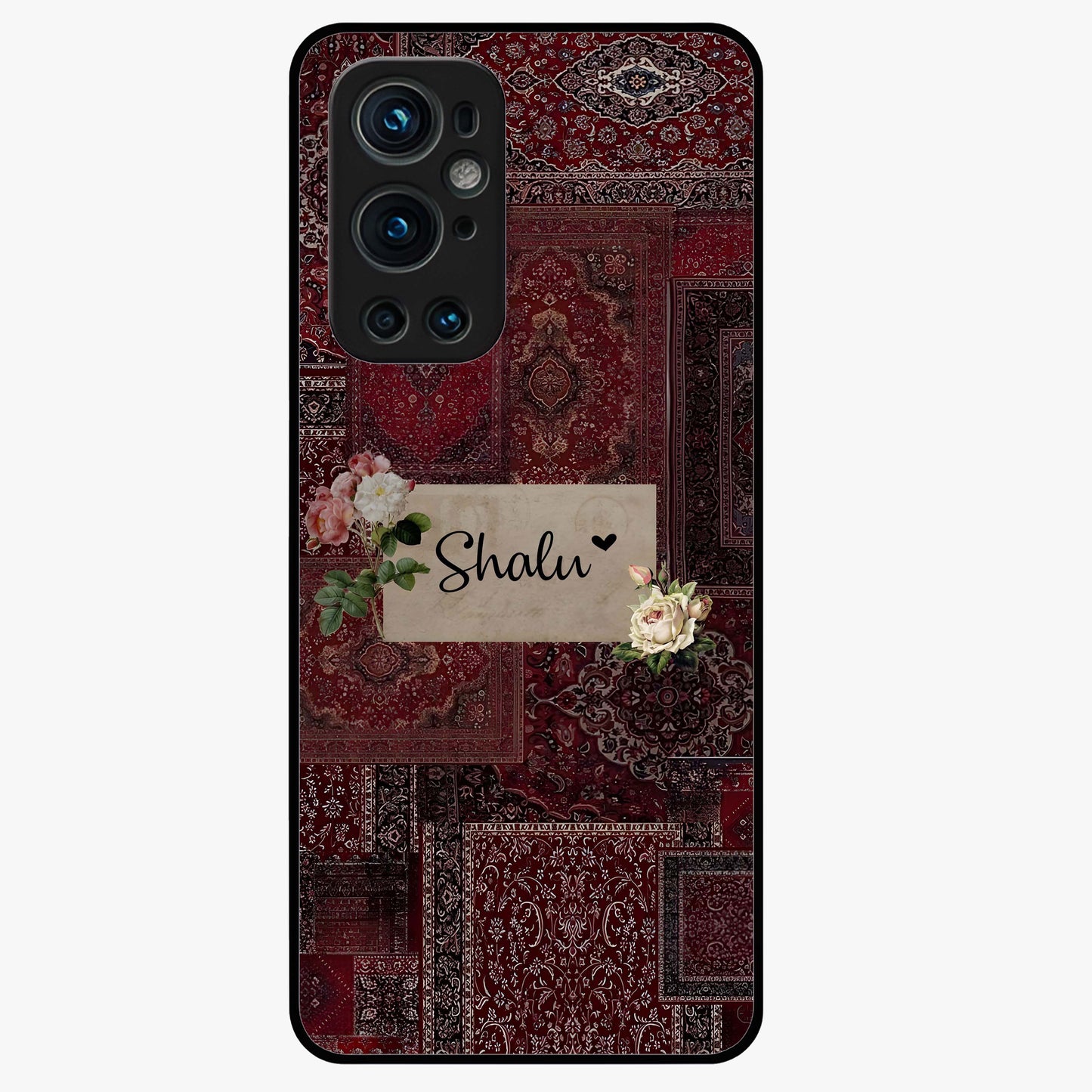 Velvet Wine Pattern Custom Name Glass Case showing flat back view with elegant wine colored pattern artwork and personalized name design.