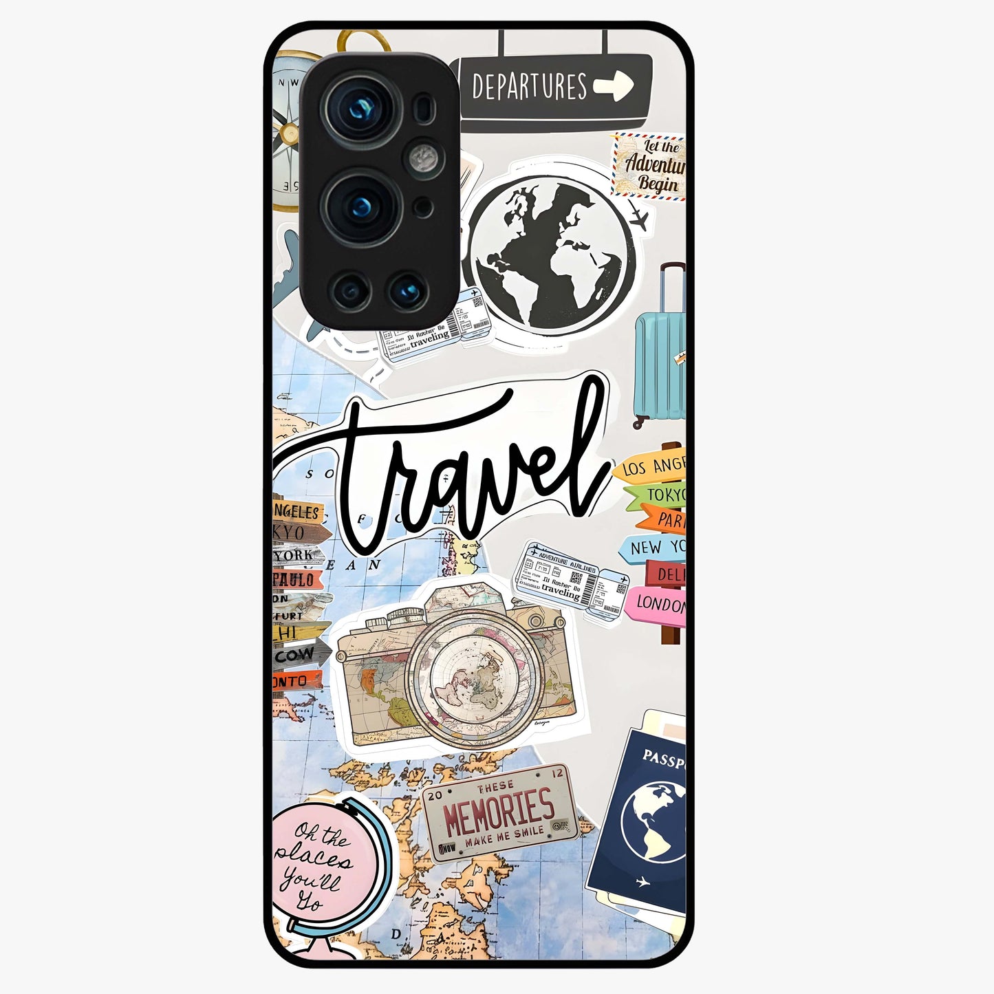Wanderlust Journal Glass Case showing flat back view with travel inspired artwork and glossy glass finish.