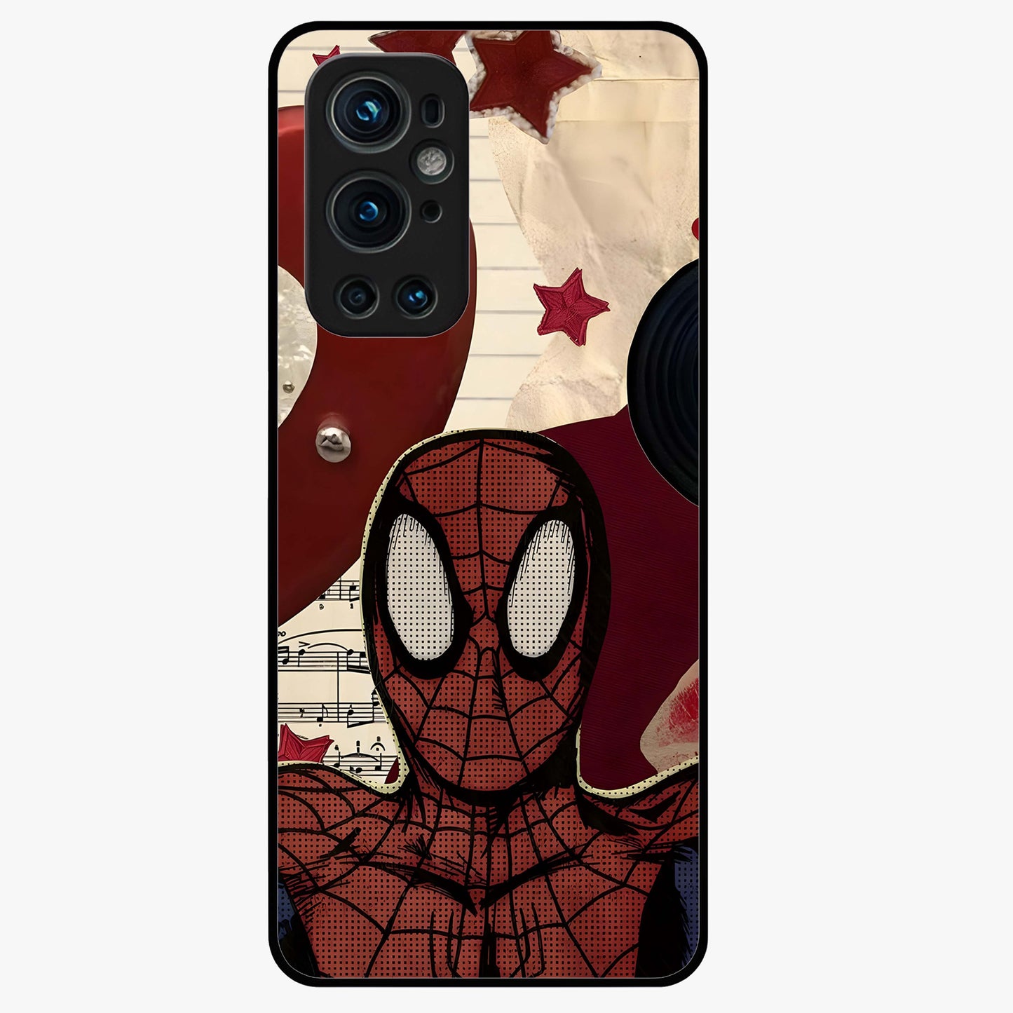 Web Warrior Vibes Glass Case showing flat back view with superhero inspired web themed artwork and glossy glass finish.
