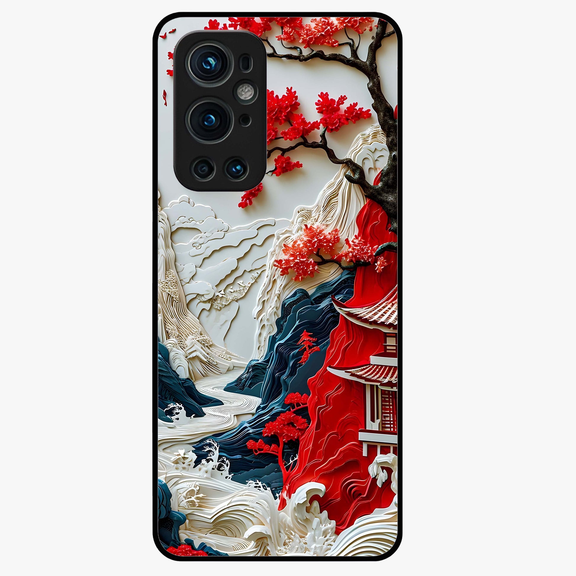 Whispers Of Sakura Waves Glass Case showing flat back view with cherry blossom wave artwork and glossy glass finish.