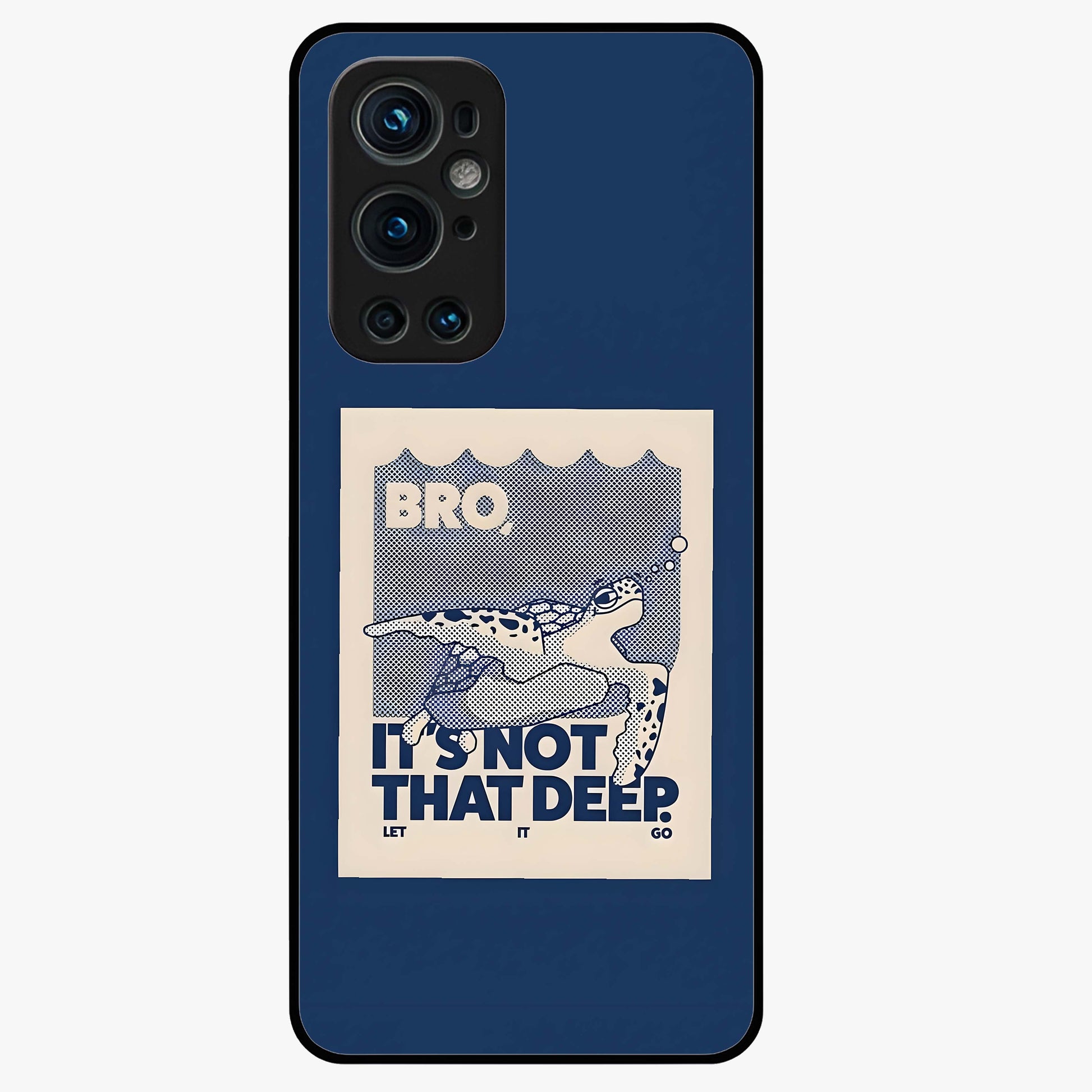 Worry Less Swim Glass Case showing flat back view with playful motivational artwork and glossy glass finish.