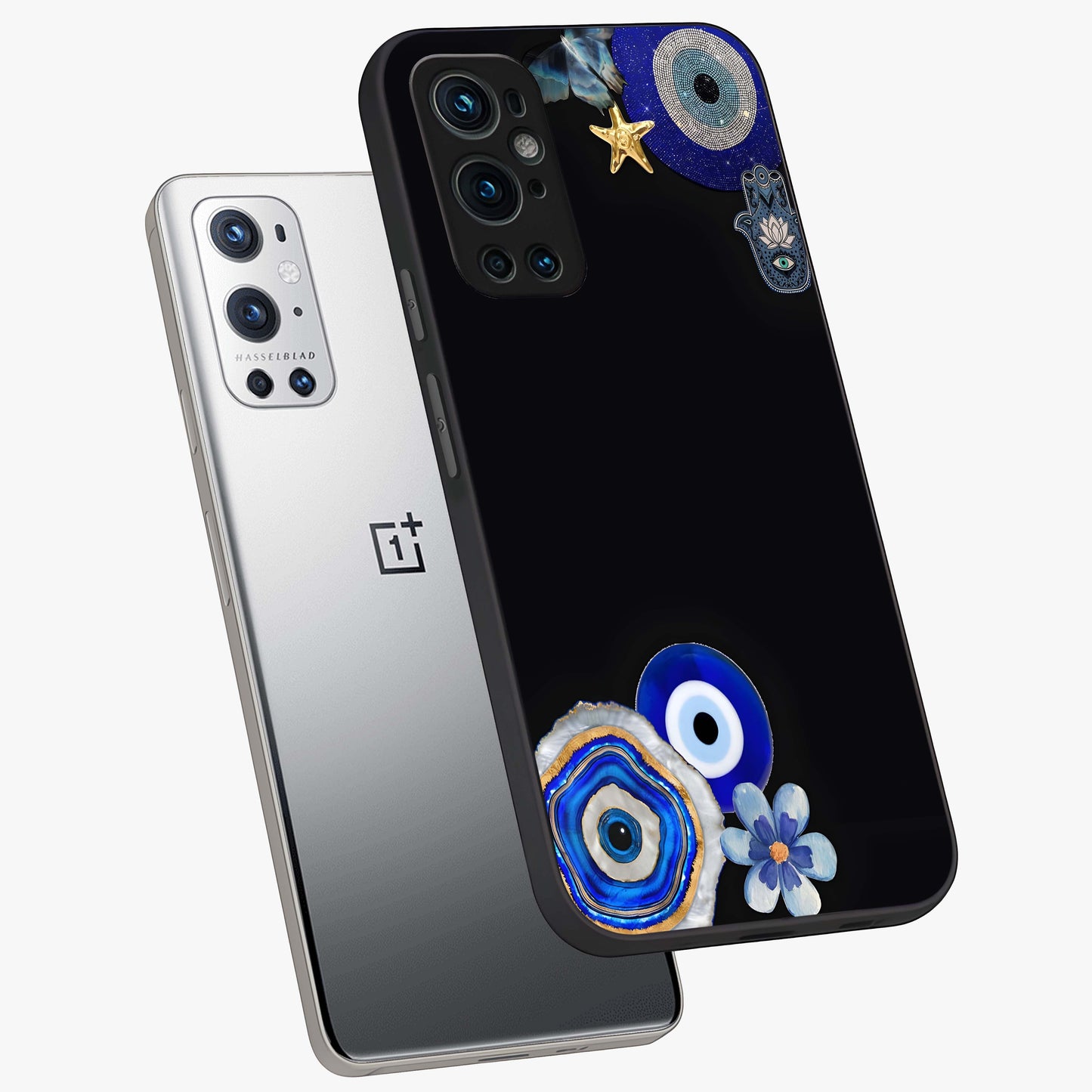 Aesthetic Blue Evil Eye Glass Case displayed in angled mockup highlighting blue evil eye symbol and spiritual aesthetic design.