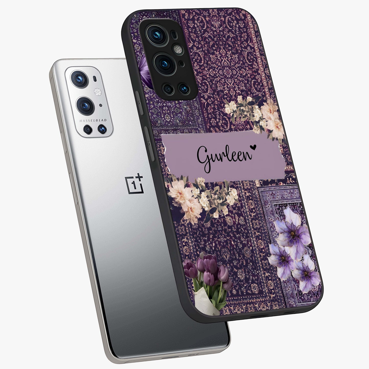 Antique Floral Whisper Custom Name Glass Case displayed in angled mockup highlighting elegant antique floral aesthetic.