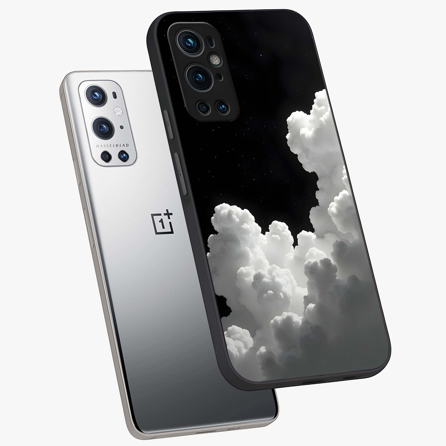 Black Background With White Cloud Glass Case displayed in angled mockup highlighting soft white cloud illustration and minimal design.