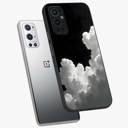 Black Background With White Cloud Glass Case displayed in angled mockup highlighting soft white cloud illustration and minimal design.