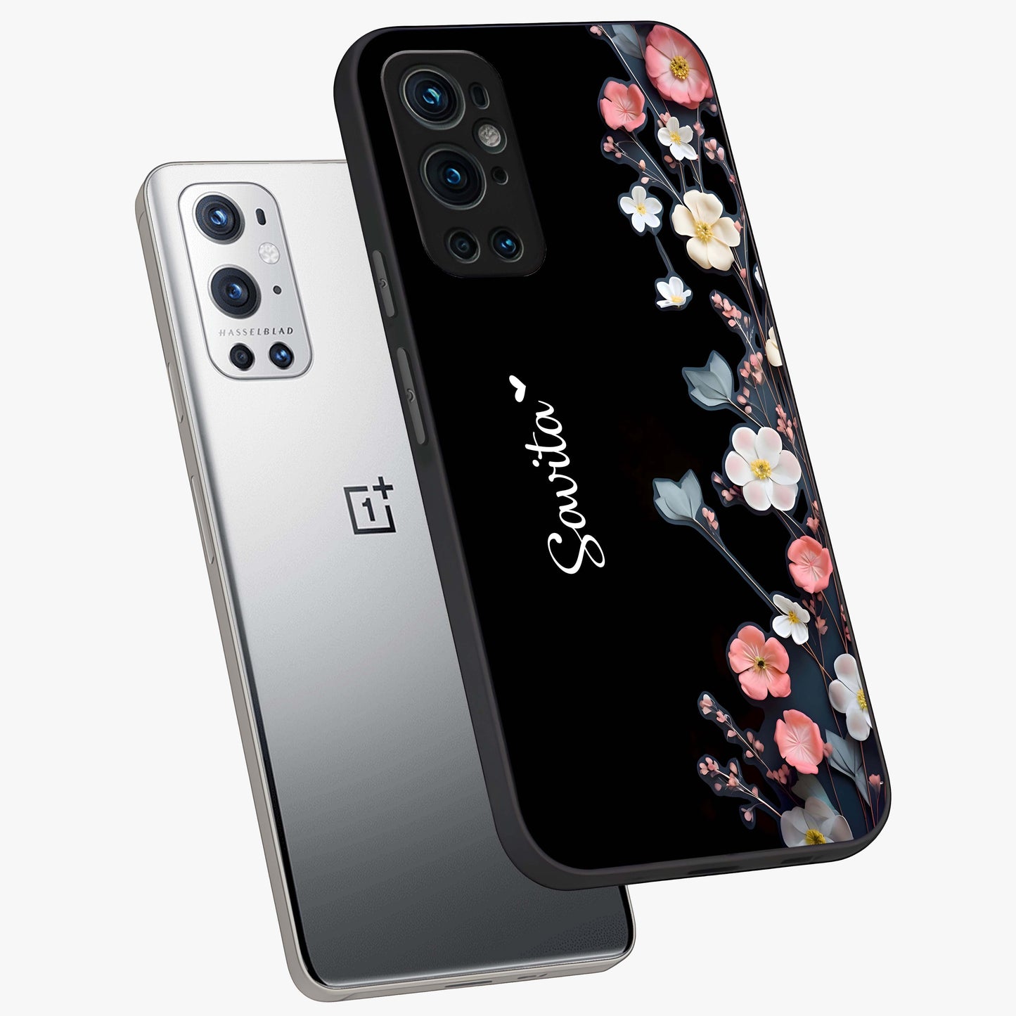 Black Elegance Floral Custom Name Glass Case displayed in angled mockup highlighting dark floral aesthetic and custom name feature.