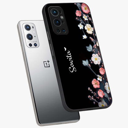 Black Elegance Floral Custom Name Glass Case displayed in angled mockup highlighting dark floral aesthetic and custom name feature.