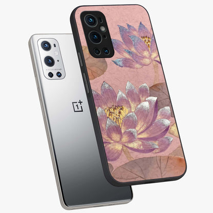 Blossom Mist Lotus Glass Case displayed in angled mockup highlighting delicate lotus illustration with calm aesthetic theme.