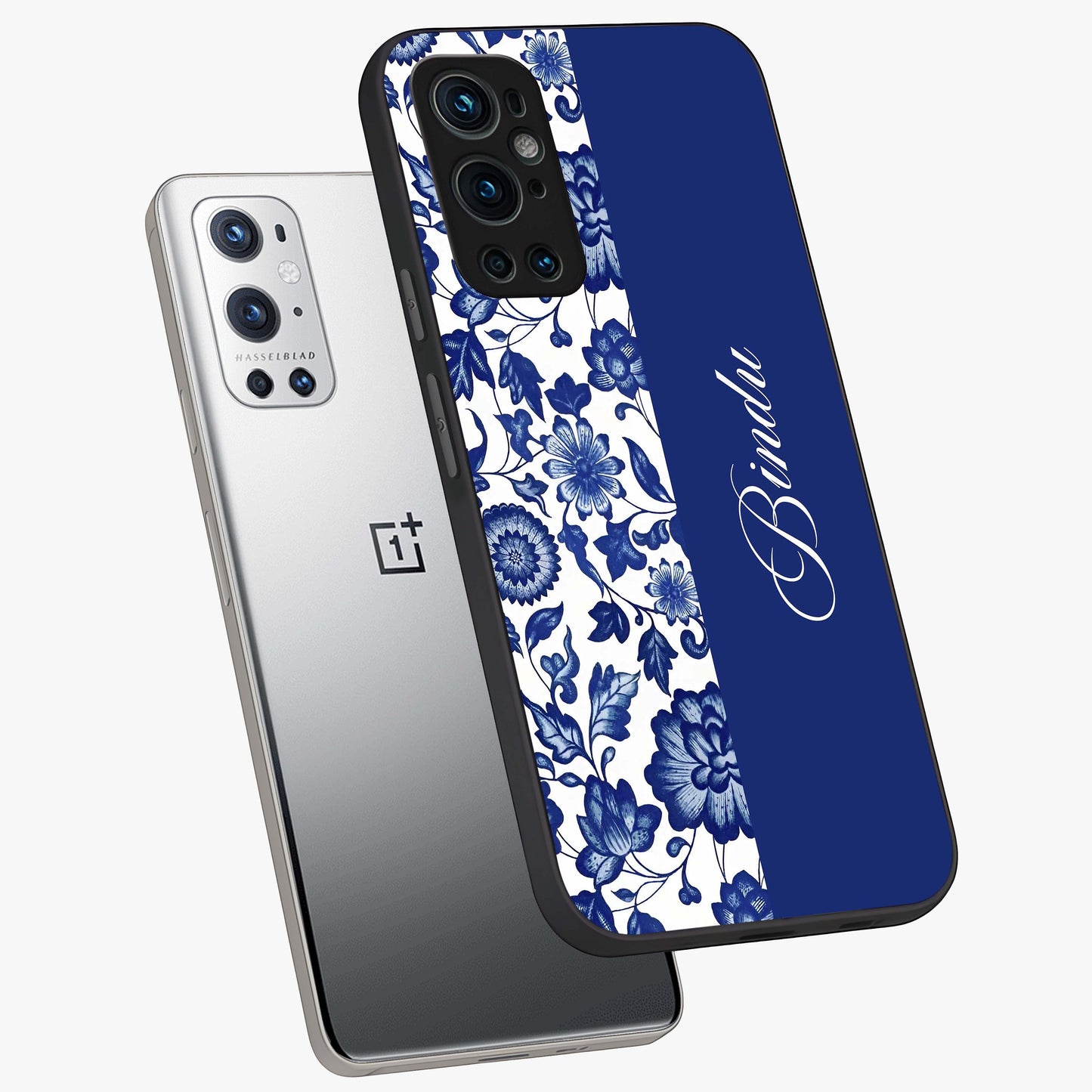 Blue Vintage Floral Pattern Glass Case displayed in angled mockup highlighting subtle bloom pattern with aesthetic pastel design.