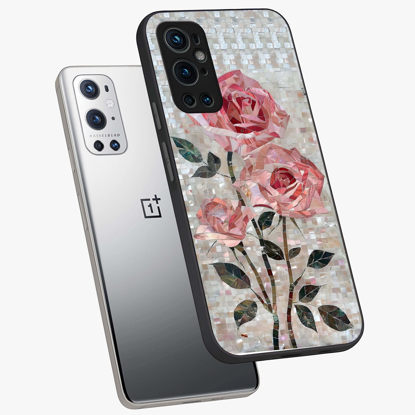 Blush Mosaic Bloom Glass Case displayed in angled mockup highlighting artistic mosaic flower pattern with aesthetic design.