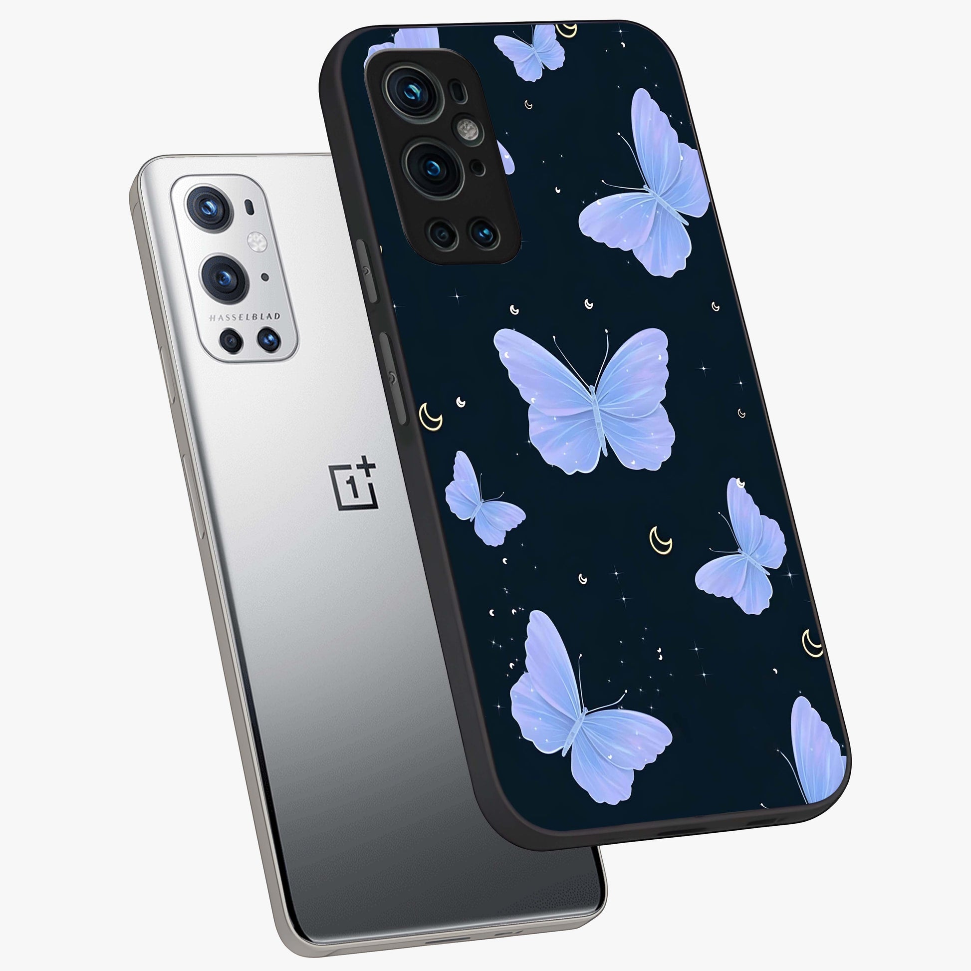 Butterfly With Stars Pattern Glass Case displayed in angled mockup highlighting dreamy butterfly and star design with aesthetic theme.