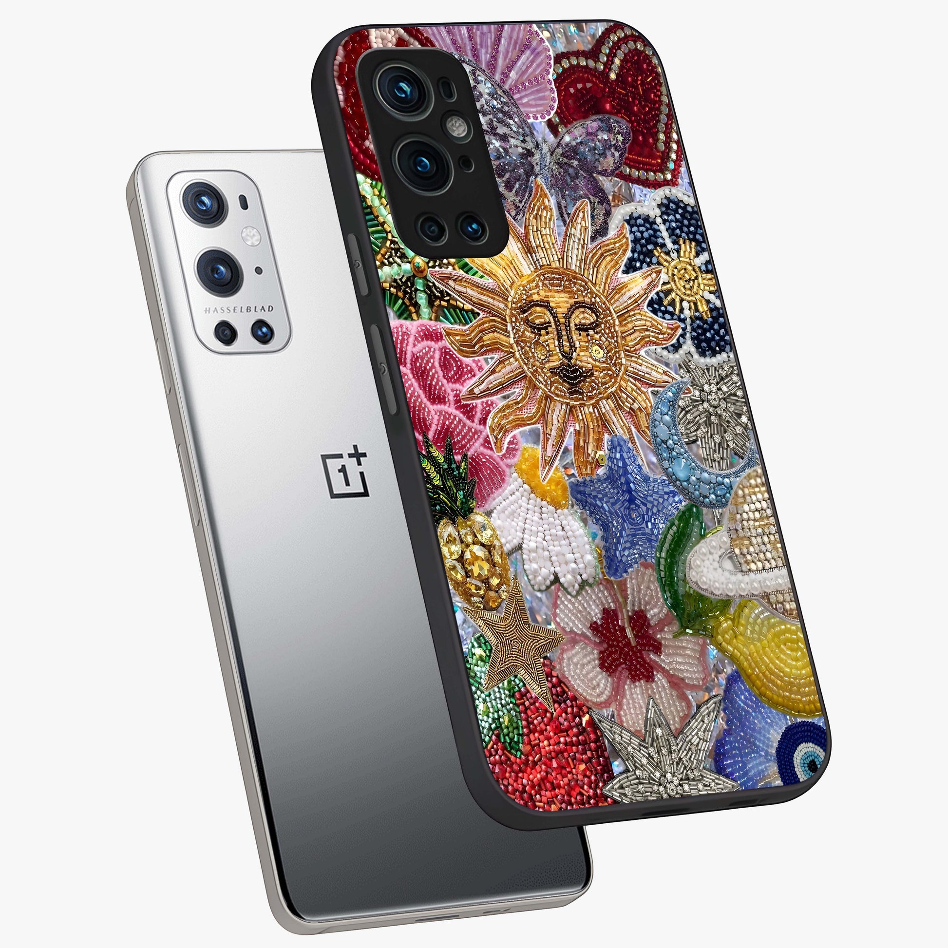 Celestial Floral and Playful Glass Case displayed in angled mockup highlighting playful floral design with dreamy celestial elements.