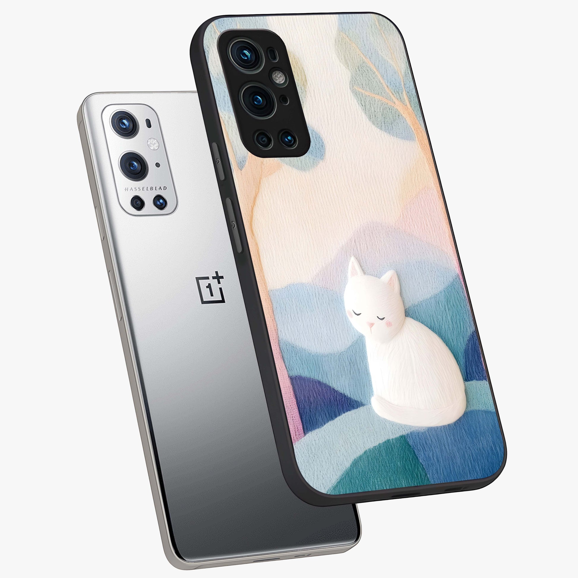Cotton Dream Cat Glass Case displayed in angled mockup highlighting cute feline illustration with pastel aesthetic style.