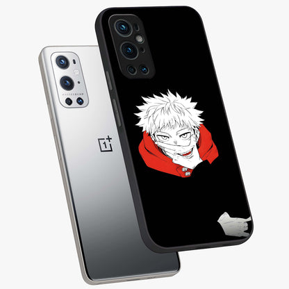 Crimson Chaos Smile Glass Case displayed in angled mockup highlighting edgy crimson smile design with graphic aesthetic.