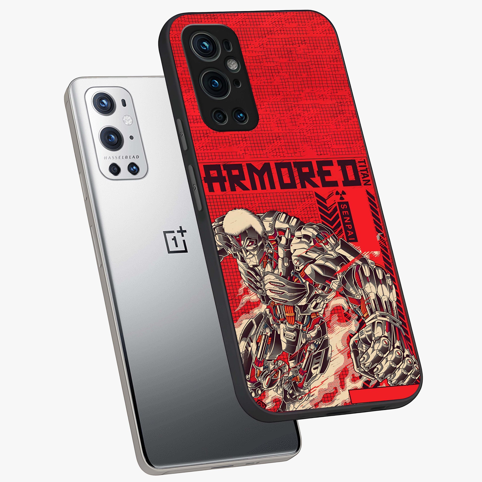 Crimson Mecha Titan Glass Case displayed in angled mockup highlighting futuristic mech illustration with bold crimson aesthetic.
