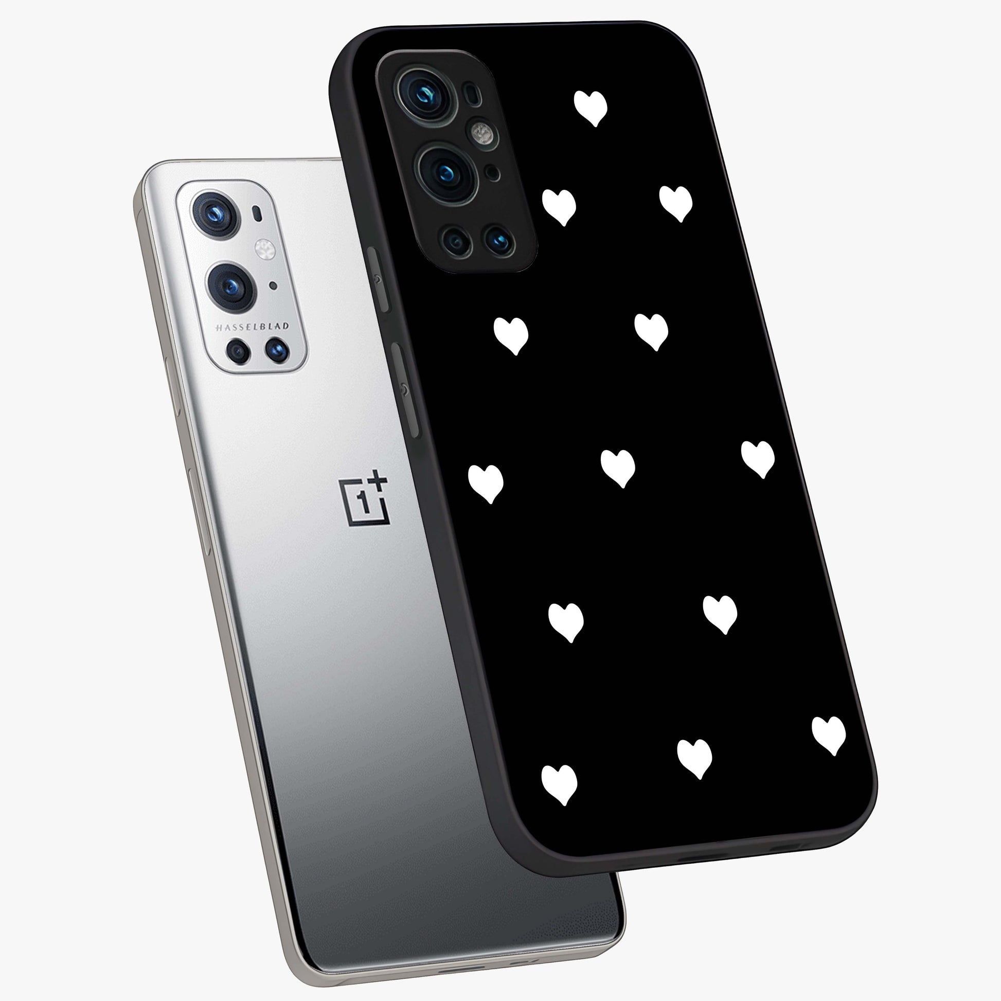 Cute And Simple White Hearts Glass Case displayed in angled mockup highlighting cute heart design with clean aesthetic style.