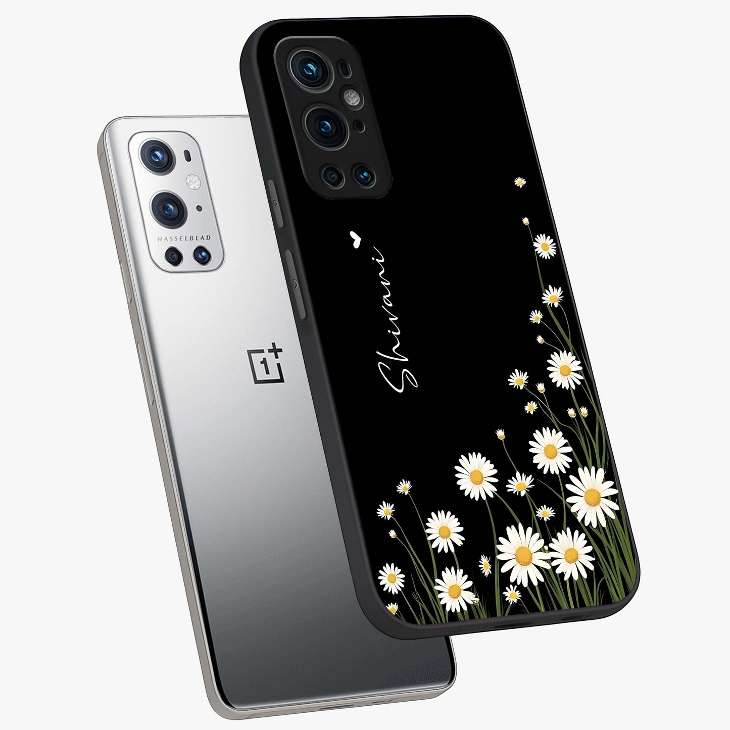 Daisy Cascade Custom Name Glass Case displayed in angled mockup highlighting delicate daisy artwork with custom name feature.