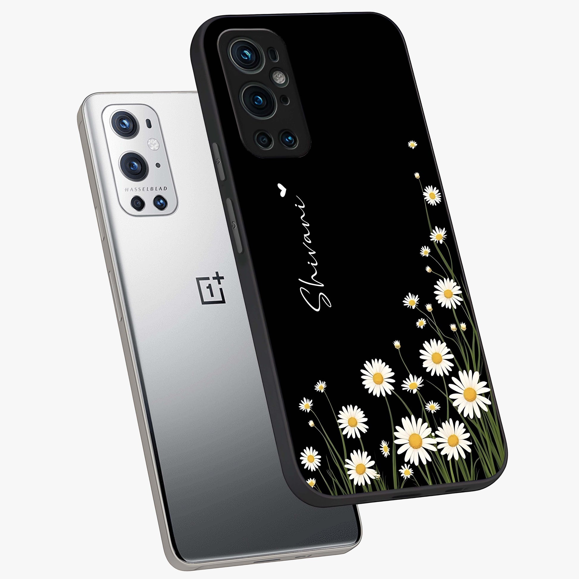 Daisy Cascade Custom Name Glass Case displayed in angled mockup highlighting delicate daisy artwork with custom name feature.