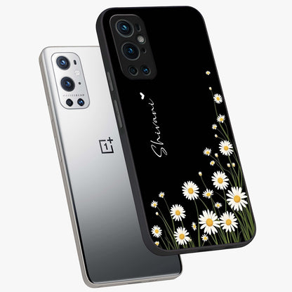 Daisy Cascade Custom Name Glass Case displayed in angled mockup highlighting delicate daisy artwork with custom name feature.