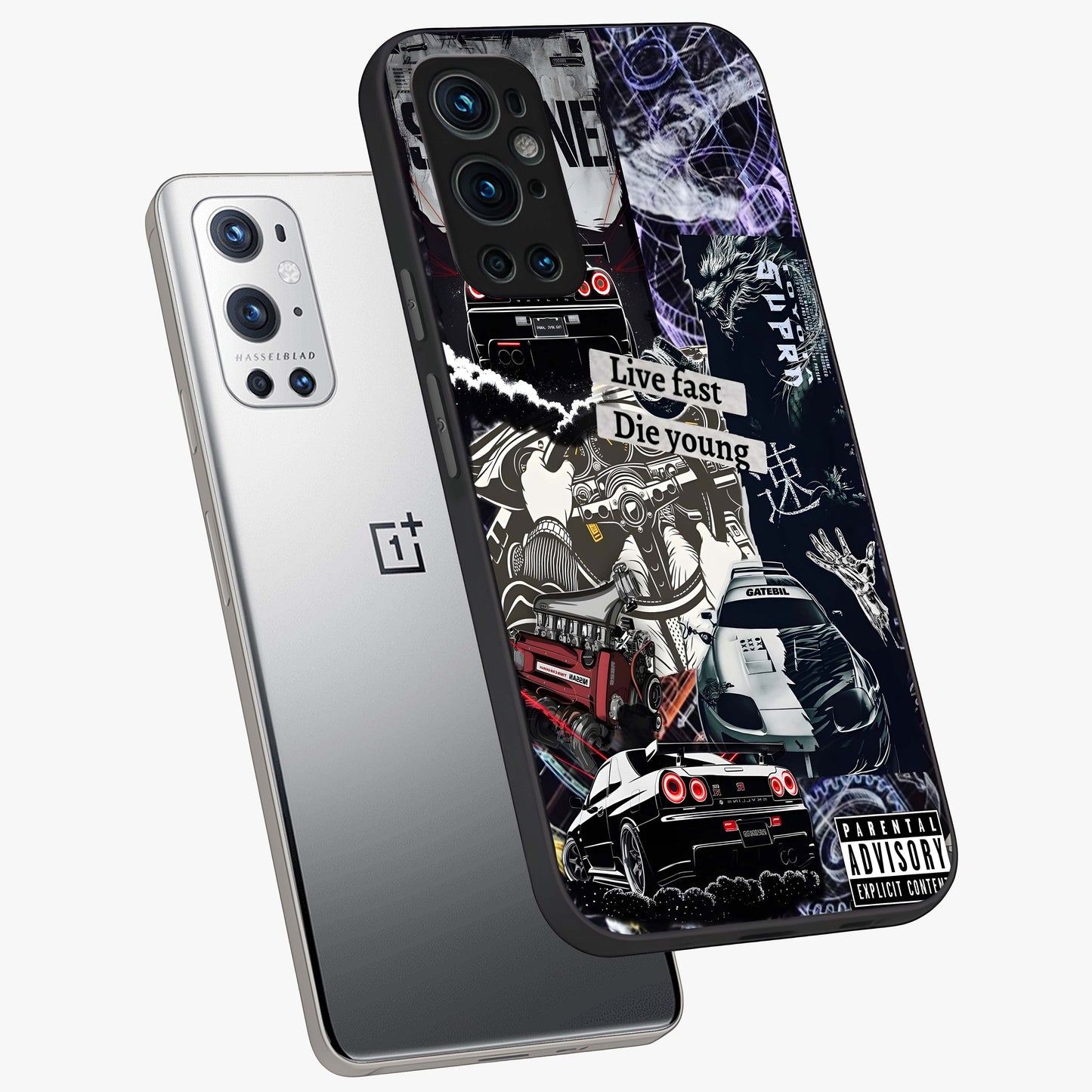 Die Young Glass Case displayed in angled mockup highlighting expressive graphic artwork with edgy aesthetic style.