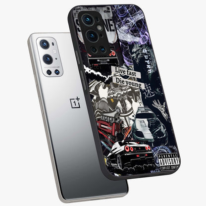Die Young Glass Case displayed in angled mockup highlighting expressive graphic artwork with edgy aesthetic style.