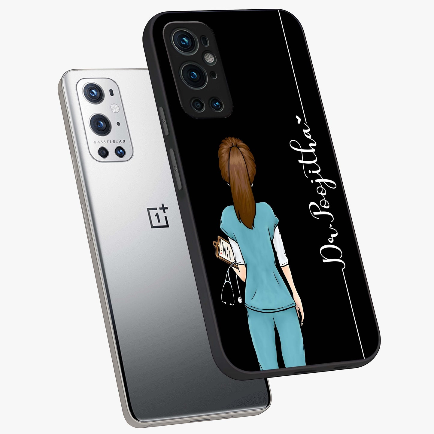 Doctor Pattern Custom Name Glass Case displayed in angled mockup highlighting doctor inspired artwork with custom name feature.