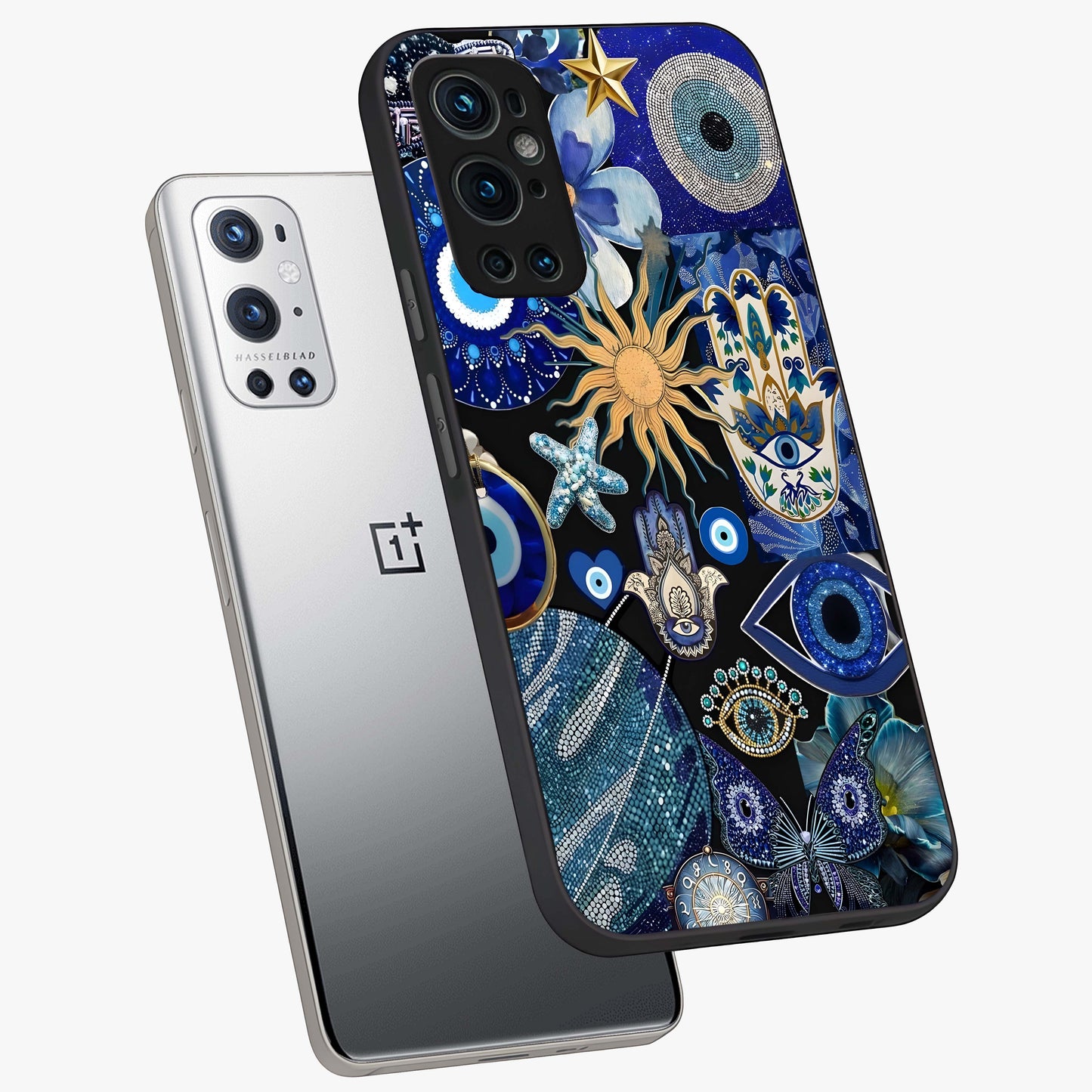 Evil Eye Charm Mix Glass Case displayed in angled mockup highlighting protective evil eye symbols with spiritual aesthetic design.