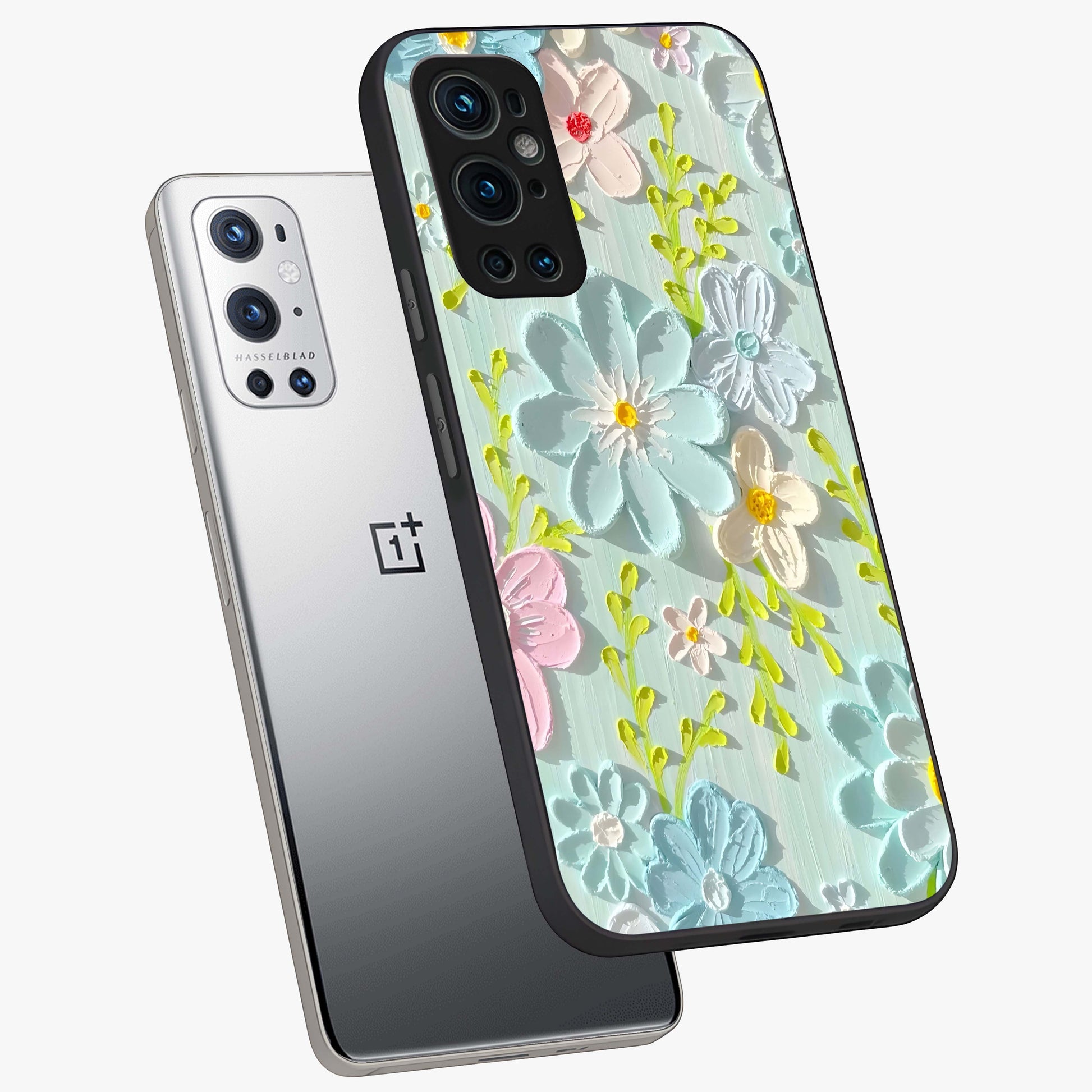 Frosted Petal Garden Glass Case displayed in angled mockup highlighting delicate flower petal design with calm garden aesthetic.
