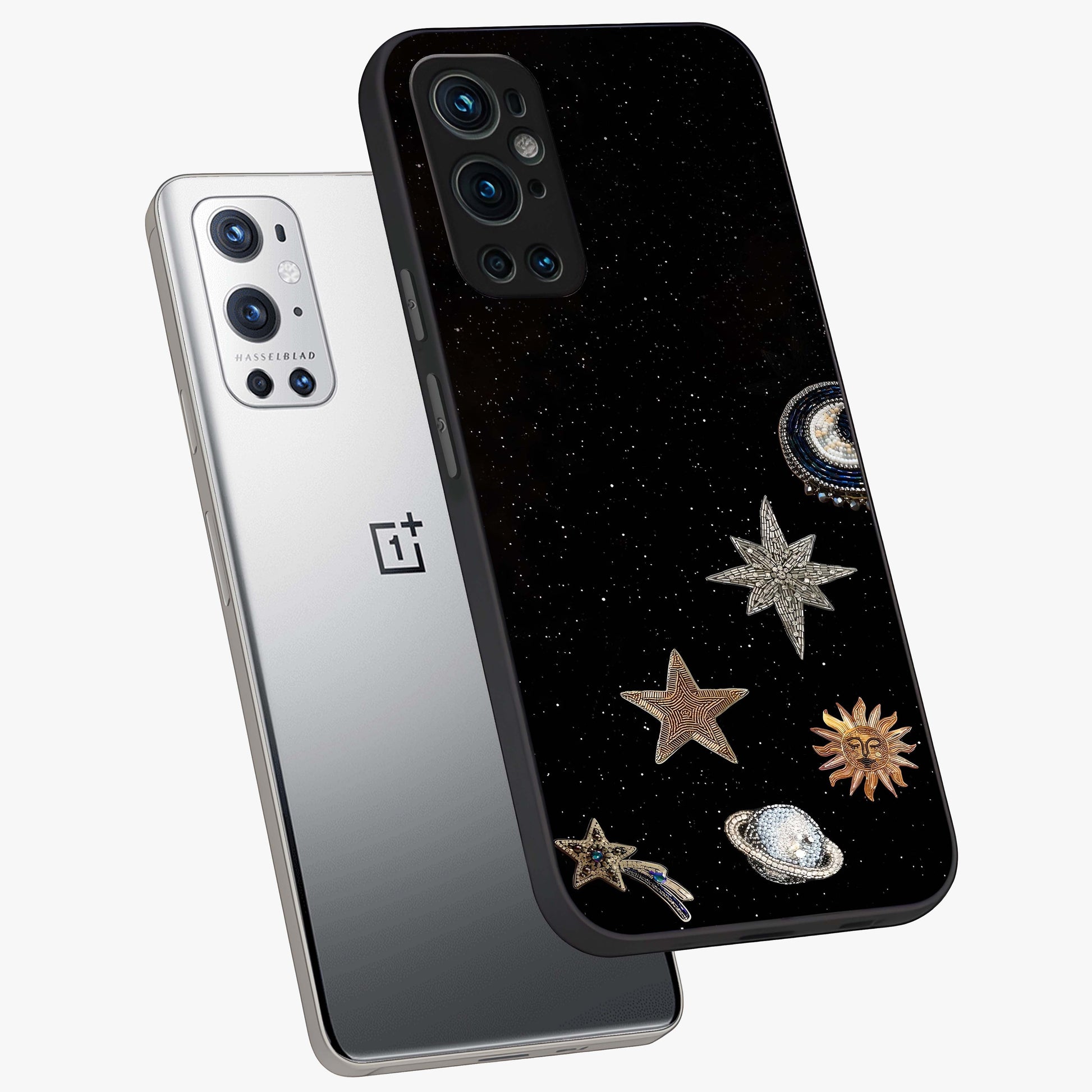 Galactic Charm Glow Glass Case displayed in angled mockup highlighting luminous galaxy inspired design with dreamy aesthetic.
