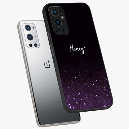 Glittery Purple Bokeh Custom Name Glass Case displayed in angled mockup highlighting glitter bokeh pattern with custom name feature.