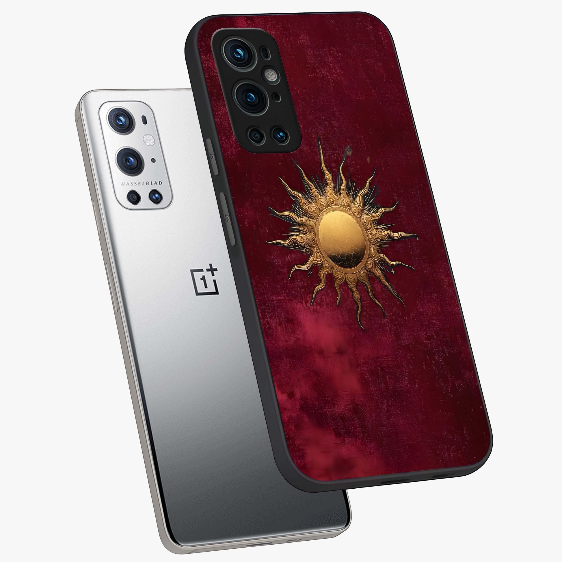 Golden Sun Minimalism Glass Case displayed in angled mockup highlighting clean sun symbol design with modern minimal aesthetic.