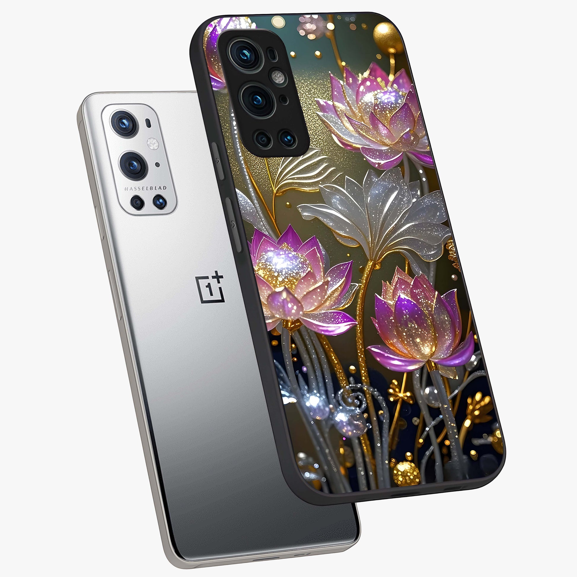 Golden Floral Majesty Glass Case displayed in angled mockup highlighting elegant flower design with royal golden aesthetic.
