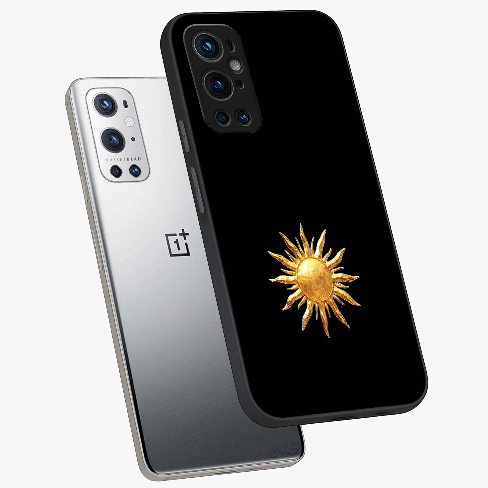 Golden Sun Minimalism Glass Case displayed in angled mockup highlighting eerie shadow illustration with gothic aesthetic.