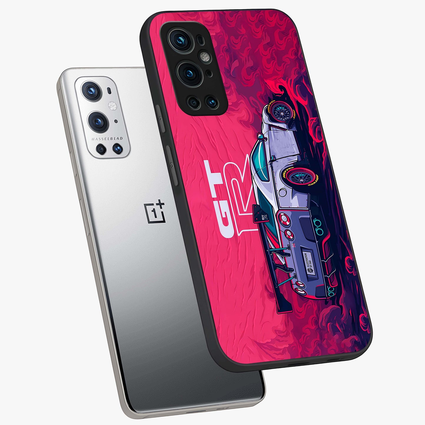 GT-R Car Pattern Glass Case displayed in angled mockup highlighting racing car graphic design with bold automotive aesthetic.