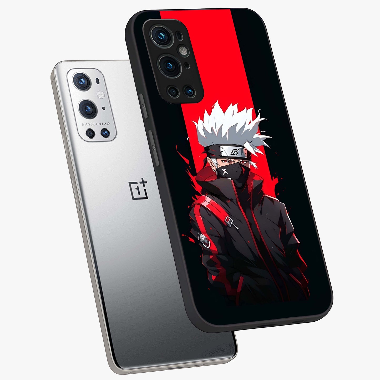 Kakashi Scarlet Shadow Glass Case displayed in angled mockup highlighting dramatic ninja illustration with scarlet themed aesthetic.