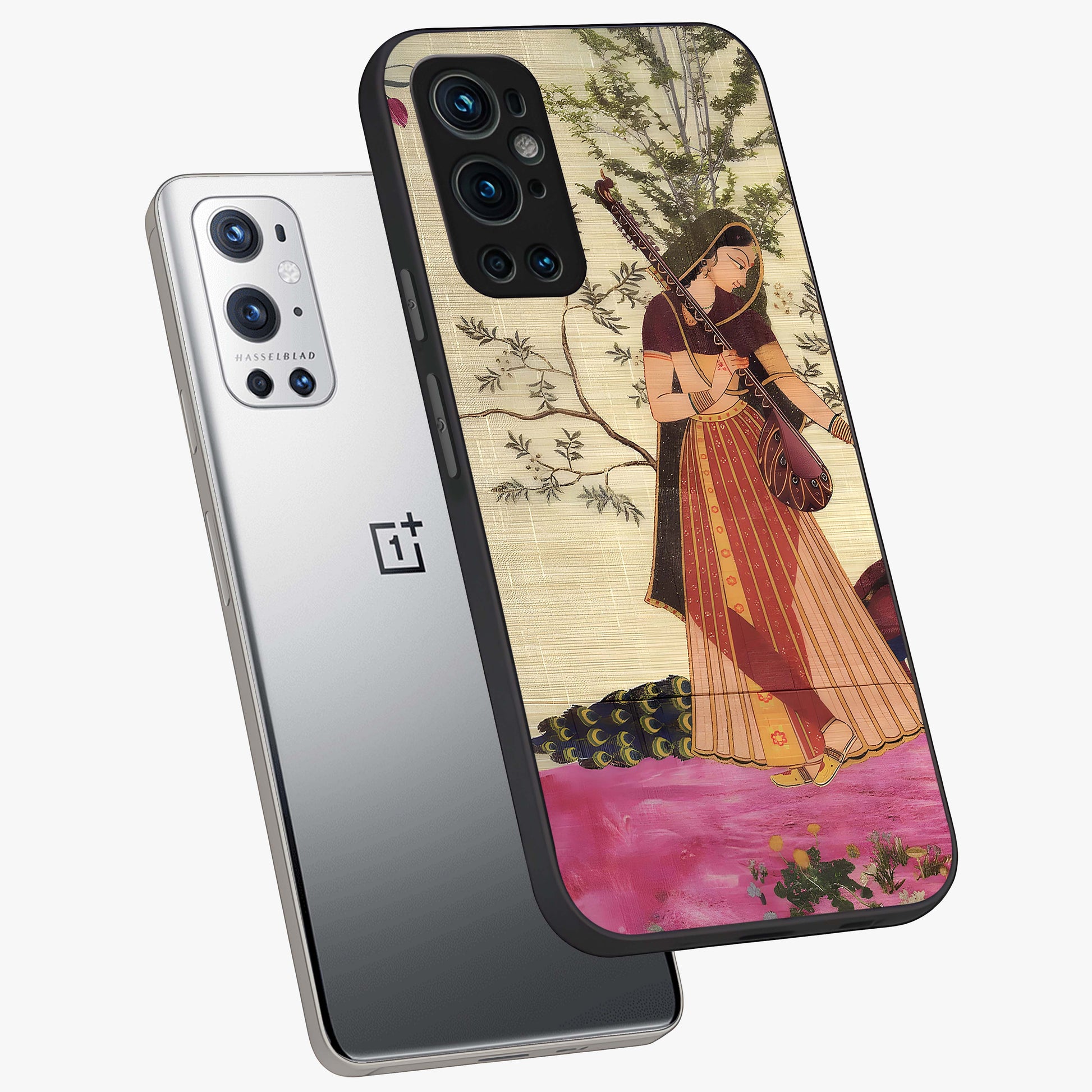 Lady With Veena Art Glass Case displayed in angled mockup highlighting graceful musical illustration with cultural artistic aesthetic.