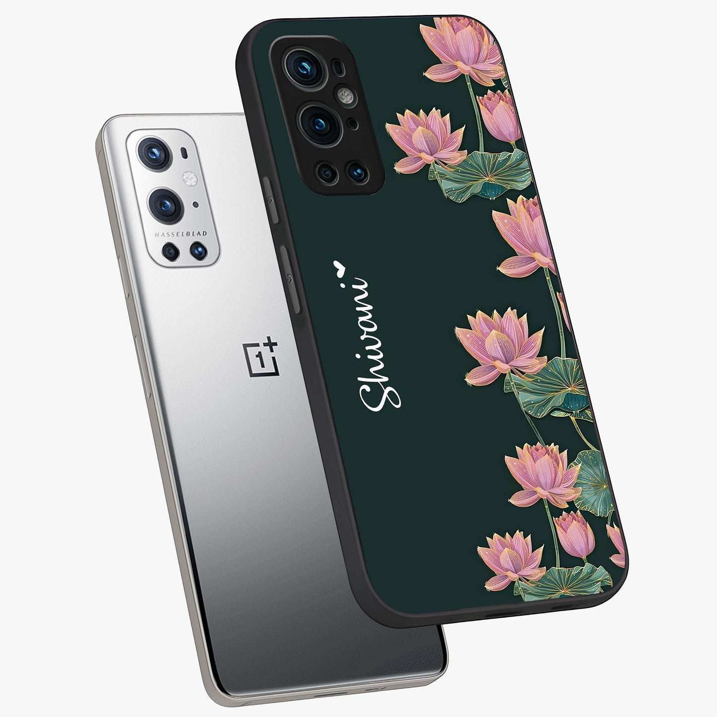 Lotus Bloom Serenity Custom Name Glass Case displayed in angled mockup highlighting graceful lotus illustration with custom name feature.